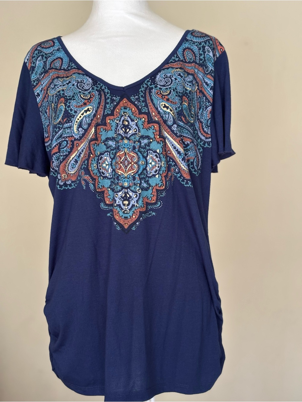 Style & Co Navy Paisley V-Neck Short Sleeve Tee